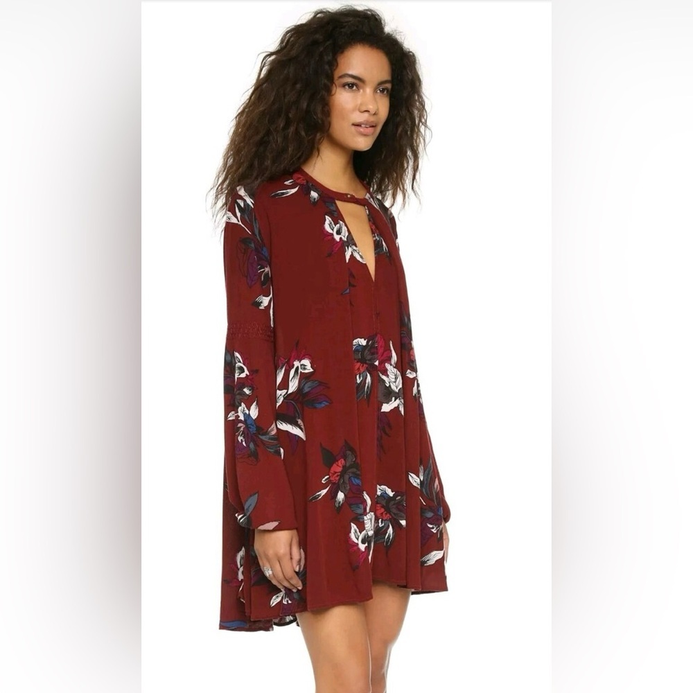 Free People Tree Swing Burgundy Mini Dress Boho Rayon Tunic Long Sleeve Babydoll